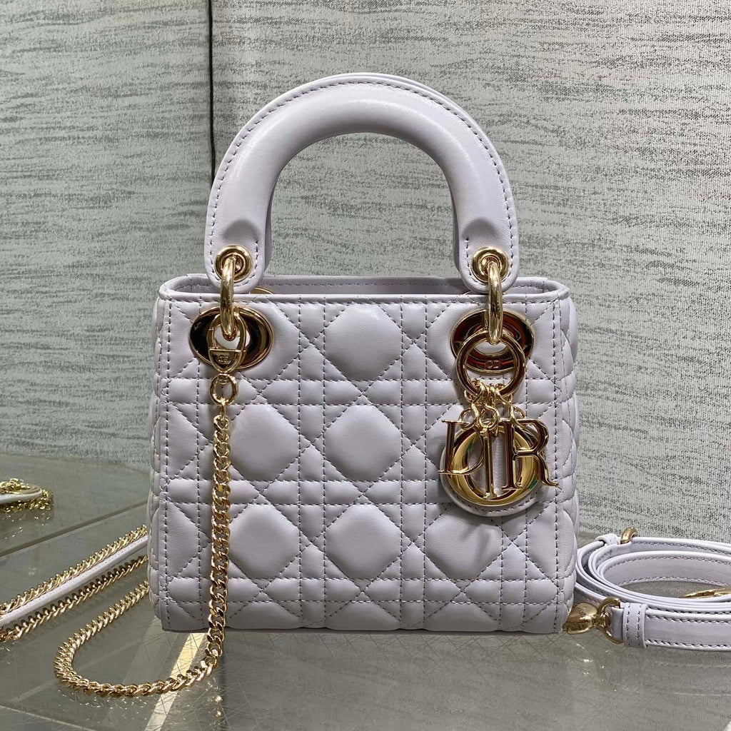 DIOR 25S MINI LADY  BAG 17 IN LILAC CANNAGE CALFSKIN GOLD HARDWARE