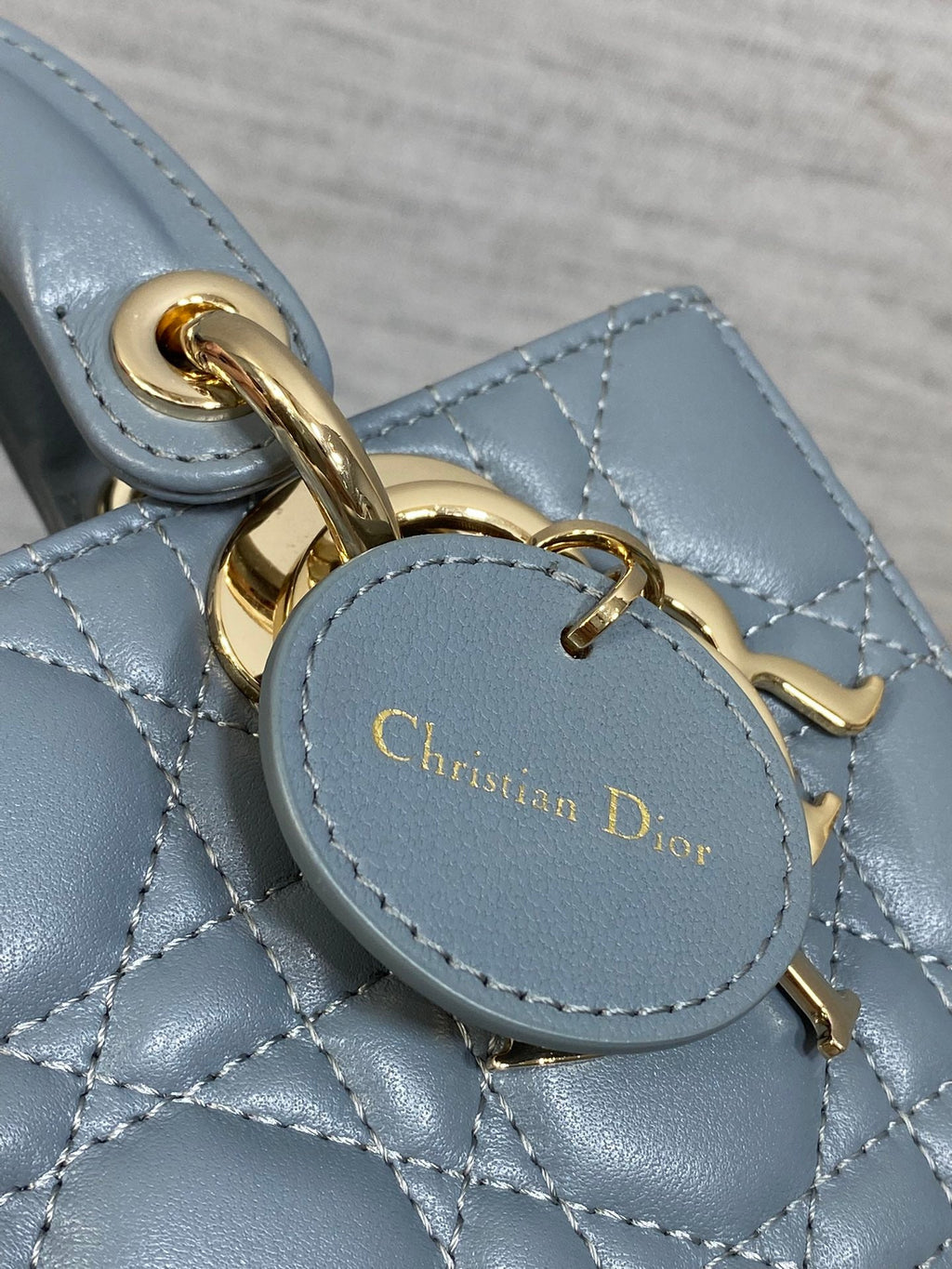 DIOR 25S SMALL LADY D‑JOY BAG 19 IN STEEL BLUE GRAY CANNAGE CALFSKIN GOLD HARDWRE