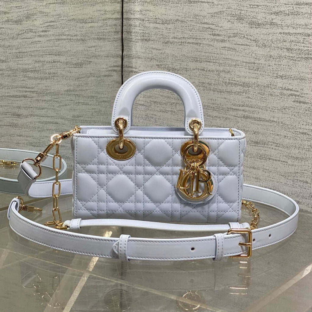 DIOR 25S SMALL LADY D‑JOY BAG 19 IN LIGHT BLUE CANNAGE CALFSKIN GOLD HARDWARE
