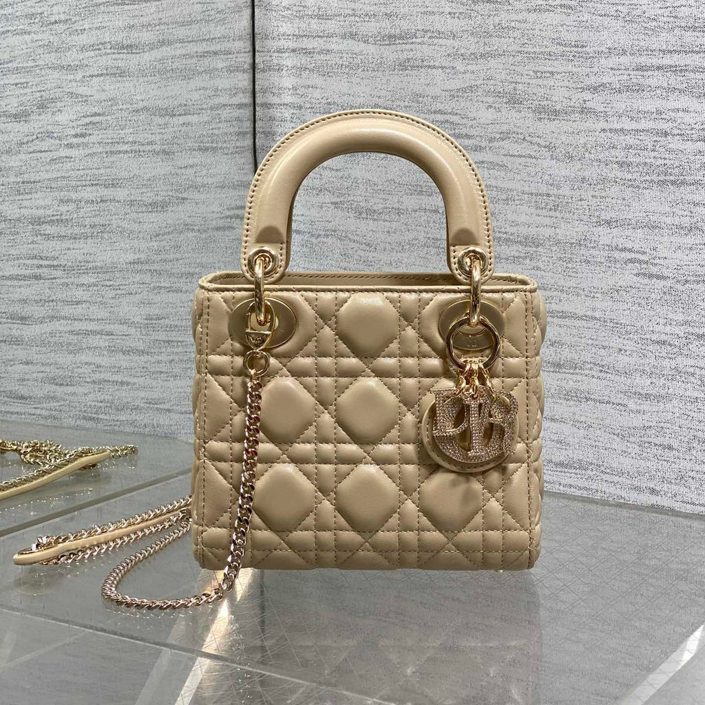 DIOR 25S MINI LADY  BAG 17 IN BISCUIT CALFSKIN CHARM CRYSTAL EMBELLISHMENTS