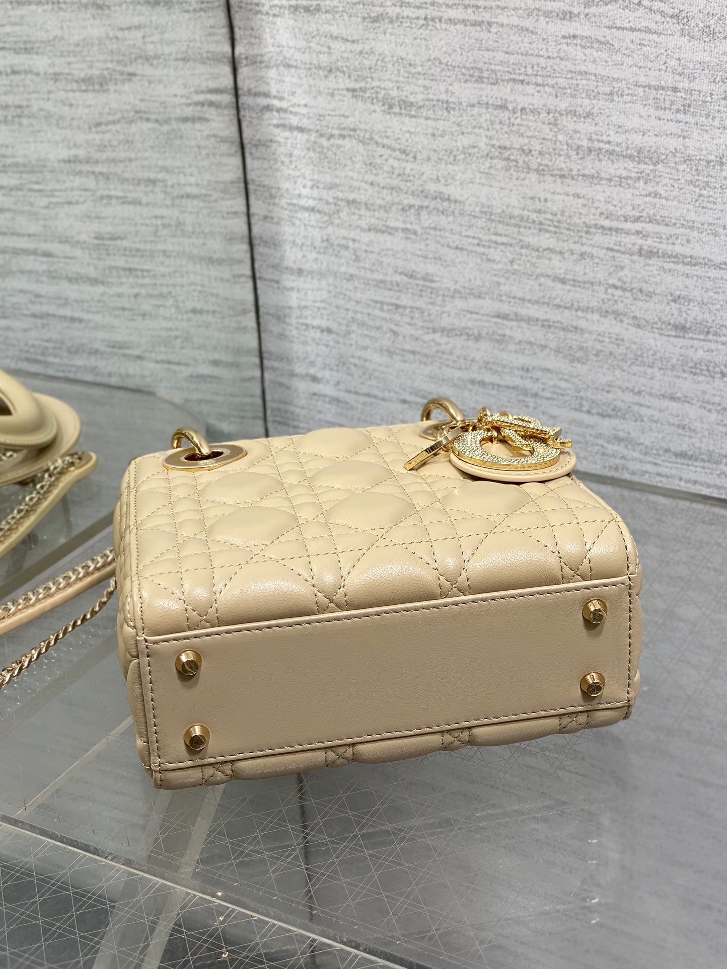 DIOR 25S MINI LADY  BAG 17 IN BISCUIT CALFSKIN CHARM CRYSTAL EMBELLISHMENTS