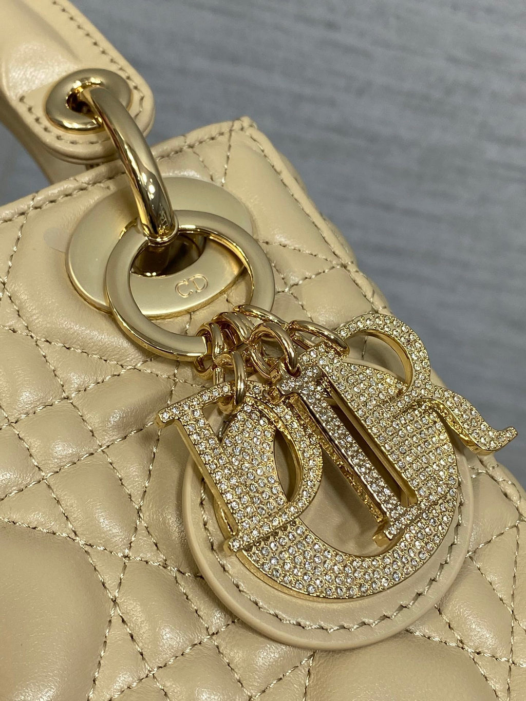 DIOR 25S MINI LADY  BAG 17 IN BISCUIT CALFSKIN CHARM CRYSTAL EMBELLISHMENTS