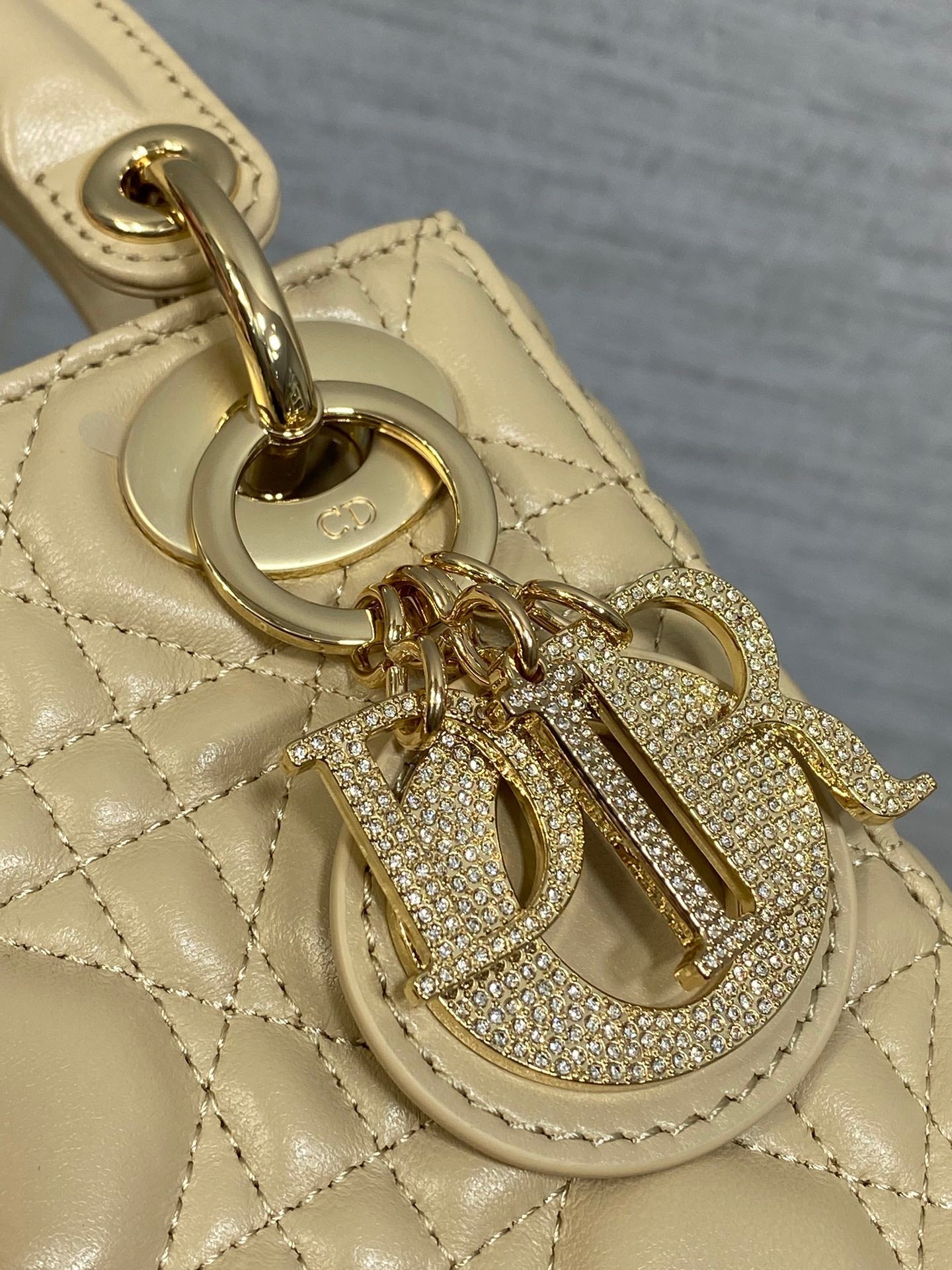 DIOR 25S MINI LADY  BAG 17 IN BISCUIT CALFSKIN CHARM CRYSTAL EMBELLISHMENTS