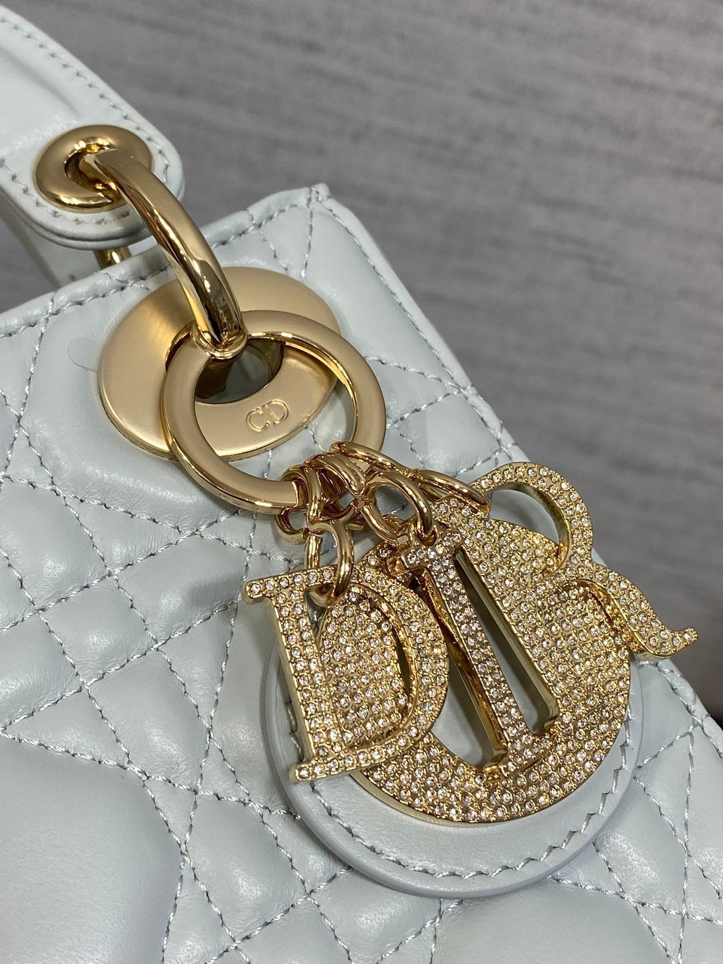 DIOR 25S MINI LADY  BAG 17 IN LIGHT BLUE CALFSKIN CHARM CRYSTAL EMBELLISHMENTS