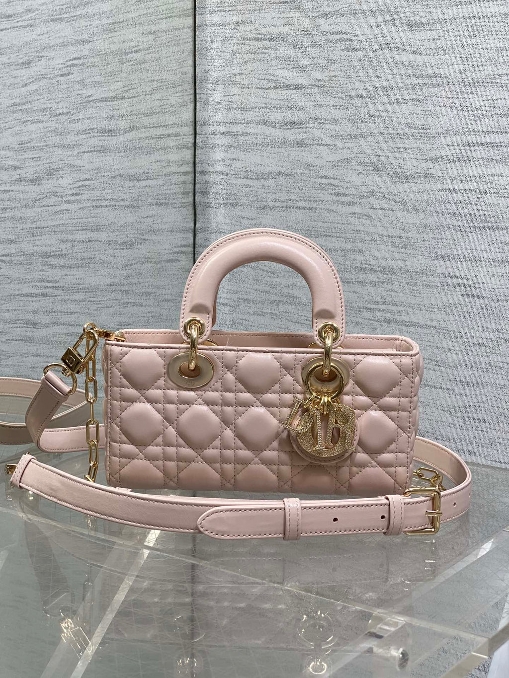 DIOR 25S SMALL LADY D‑JOY BAG 22 IN BABY PINK CALFSKIN GOLD HARDWARE