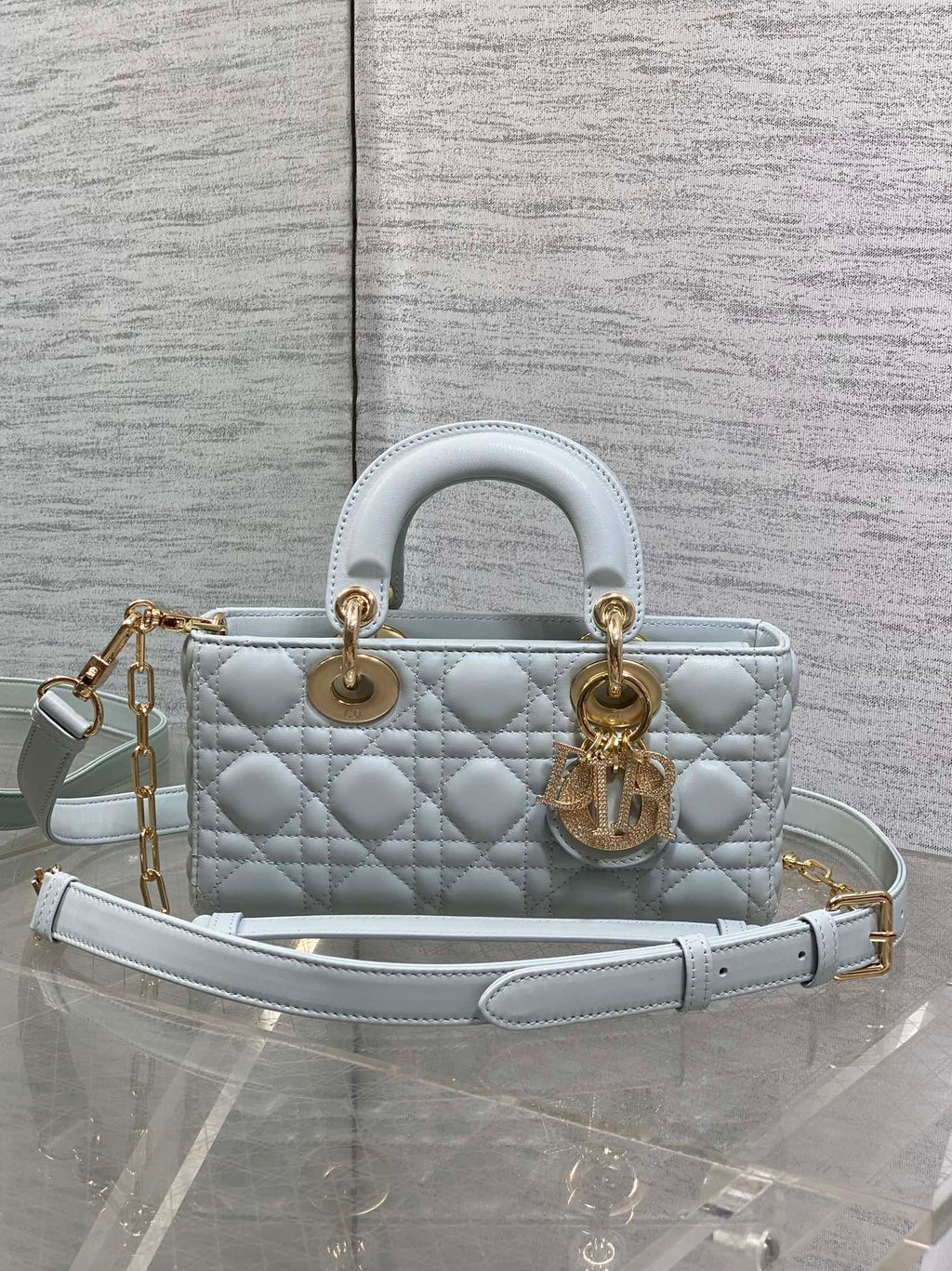 DIOR 25S SMALL LADY D‑JOY BAG 22 IN SHIRT BLUE CALFSKIN GOLD HARDWARE