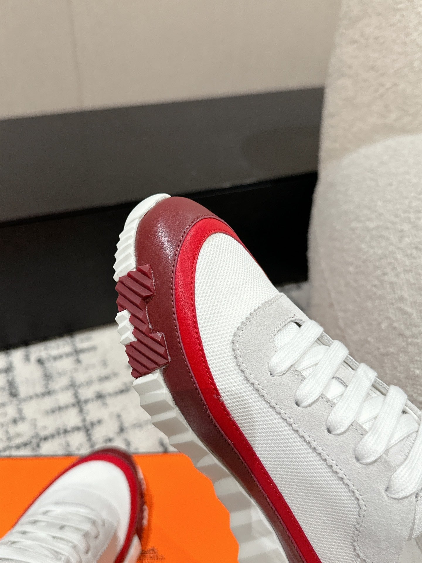 HERMES BOUNCING SNEAKER IN WINE RED CALFSKIN AND WHITE FABRIC