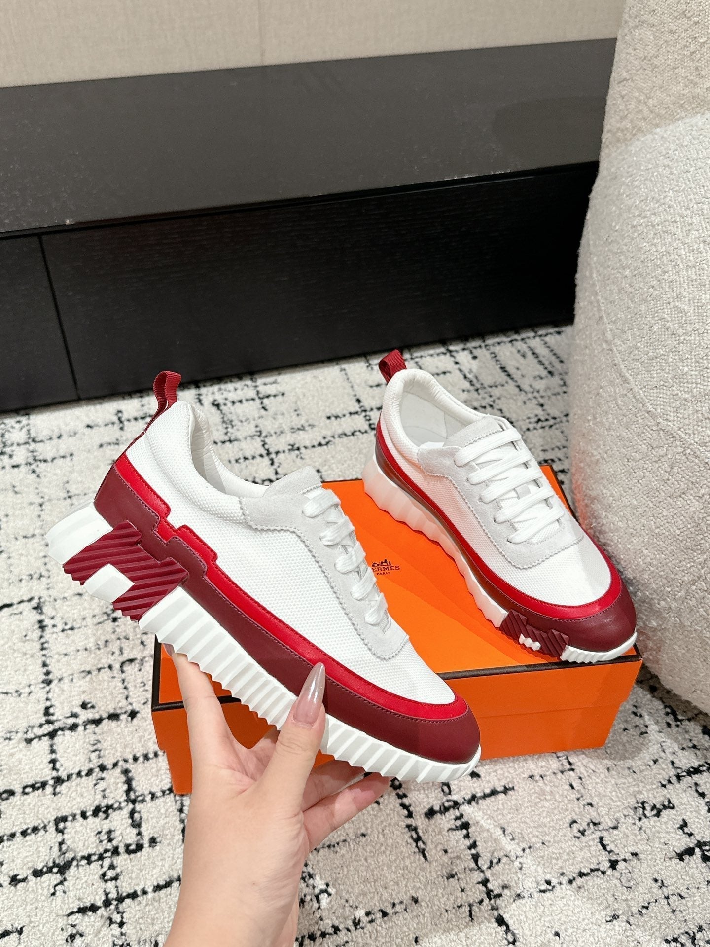 HERMES BOUNCING SNEAKER IN WINE RED CALFSKIN AND WHITE FABRIC