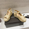 CHANEL Wedge Open-Toe High Heel Sandals Beige Cream Sheepskin