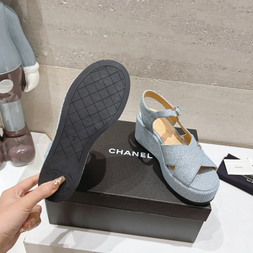 CHANEL Wedge Open-Toe High Heel Sandals Saphire Blue Sheepskin