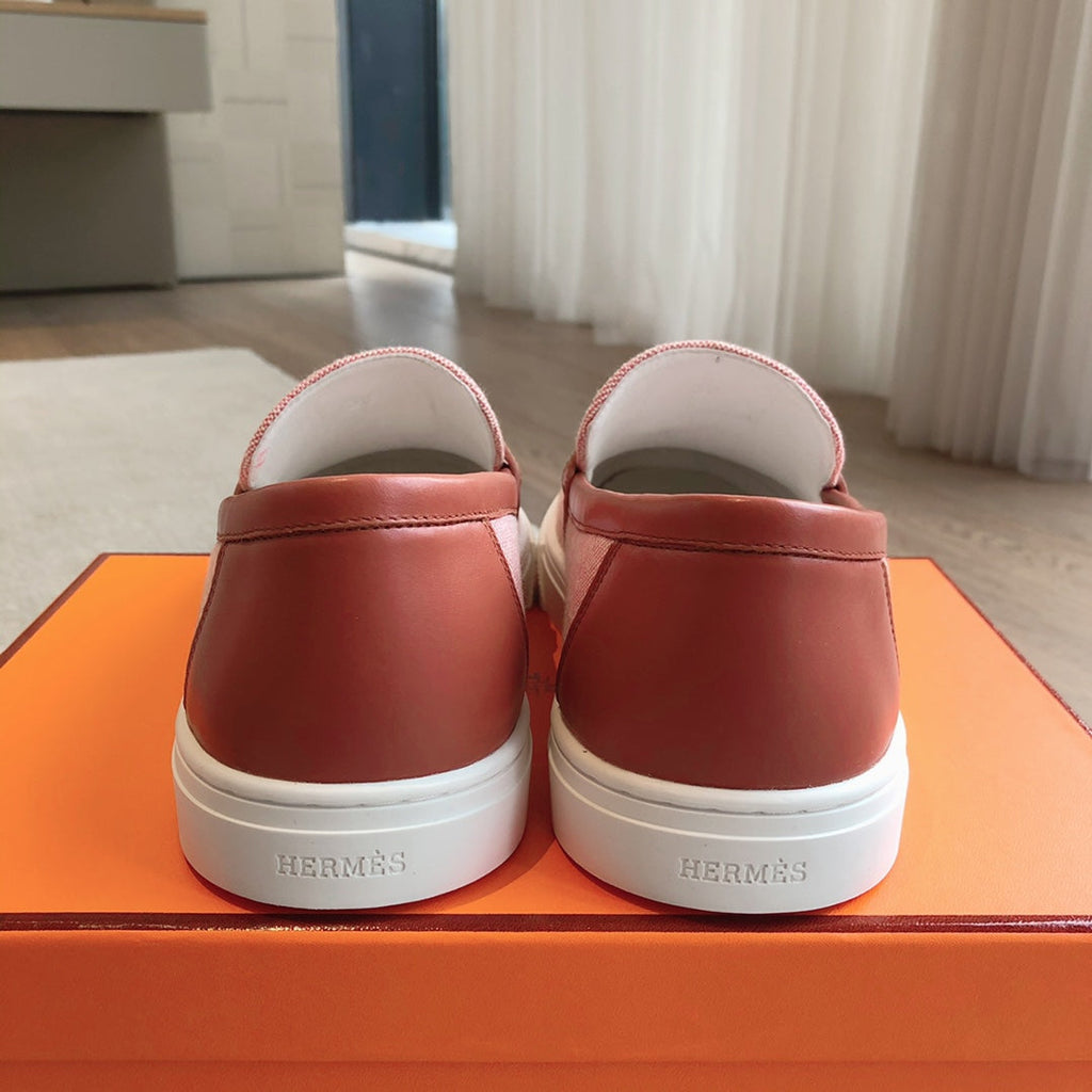 HERMES GAME SLIP-ON SNEAKER LIGHT PINK FABRIC AND CALFSKIN
