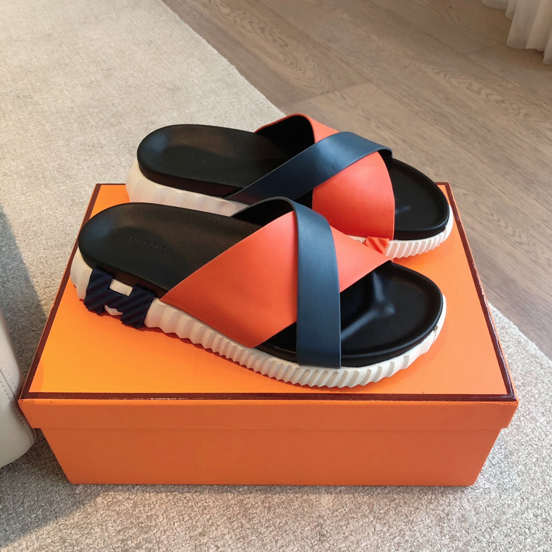 HERMES INFRA SANDAL BLACK MIX ORANGE CALFSKIN