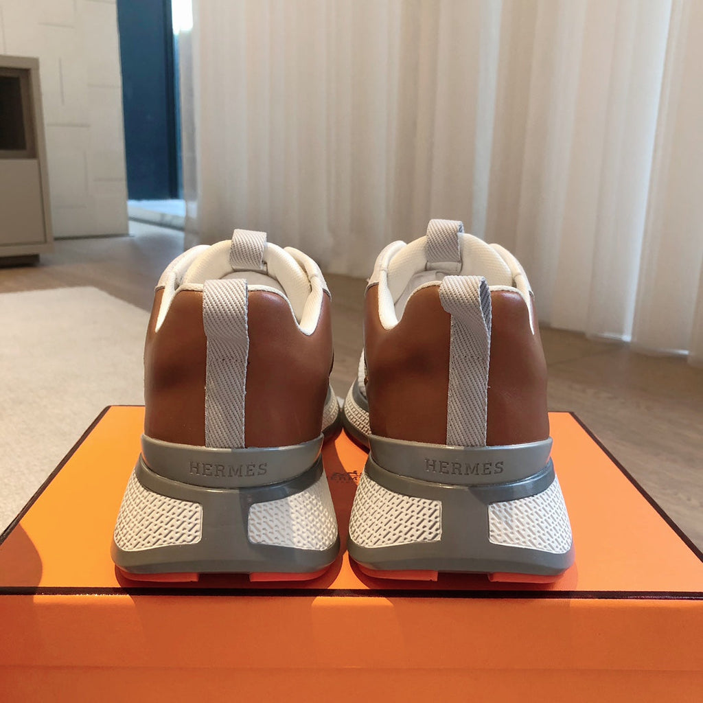 HERMES HEROS SNEAKER IN WHITE BREATHABLE MESH FABRIC AND BROWN CALFSKIN