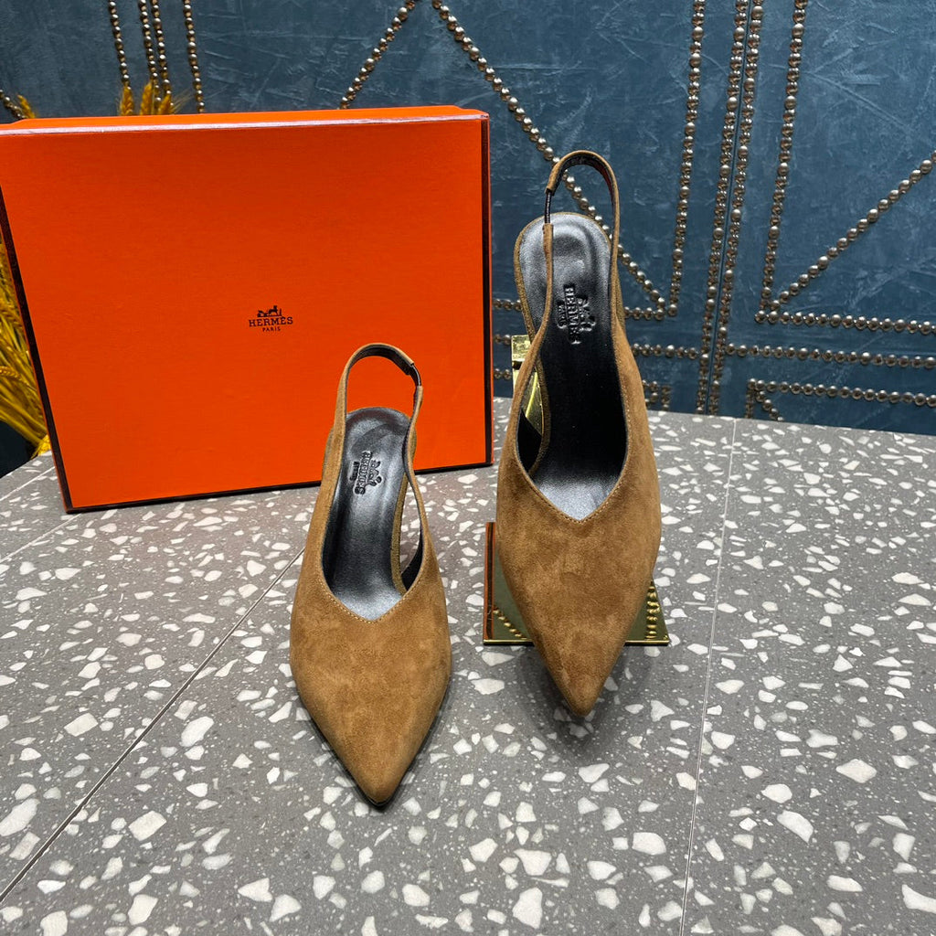 HERMES HIGH SLINGBACKS 7 CM IN CIDER BROWN SUEDE