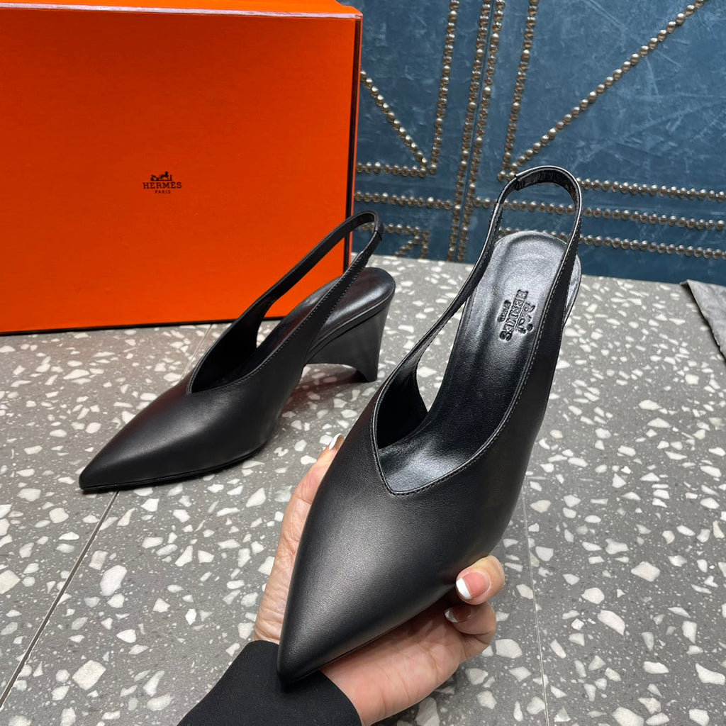 HERMES HIGH SLINGBACKS 7 CM IN BLACK SHEEPSKIN