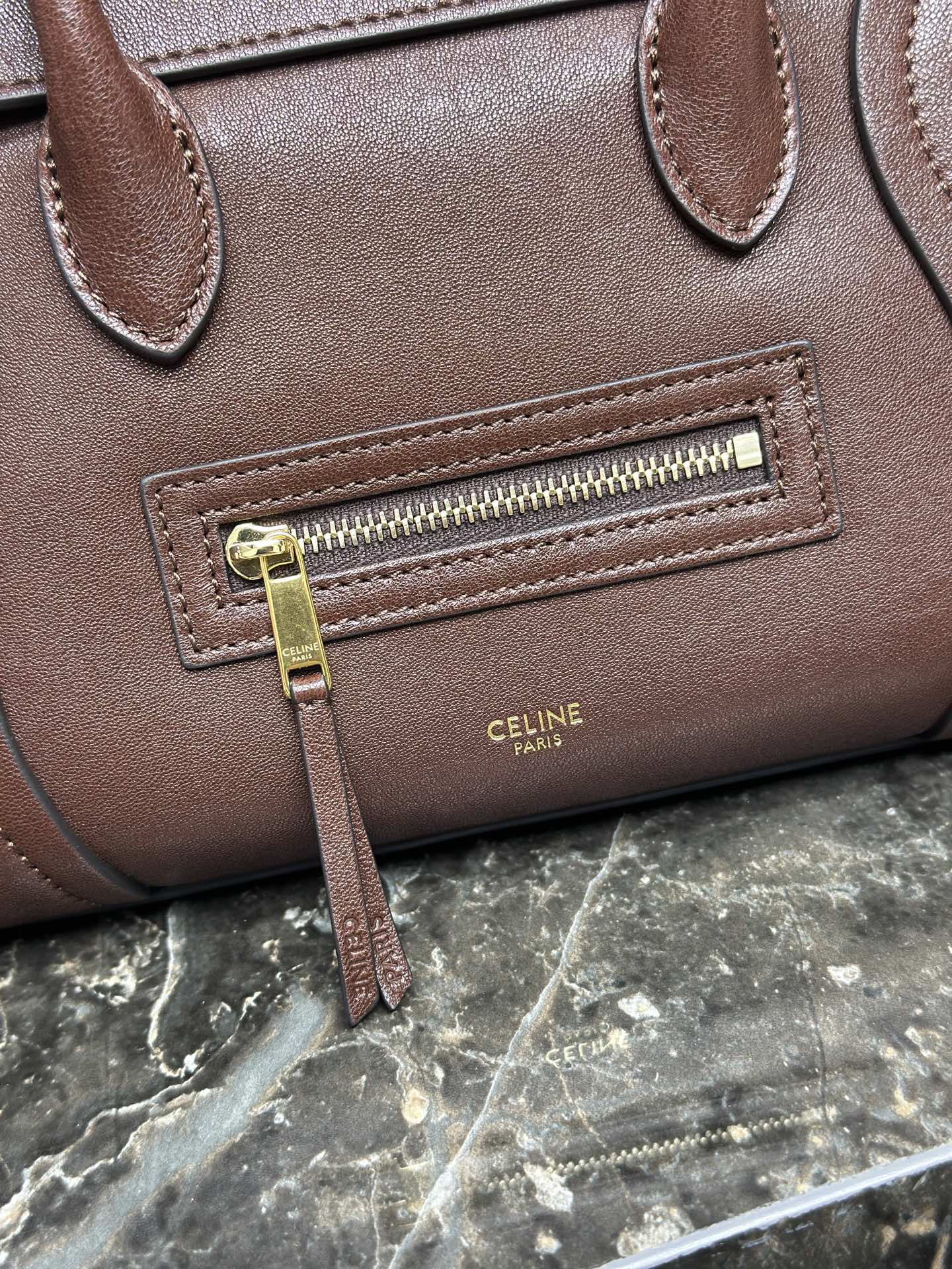 CELINE 25S NEW LUGGAGE 38MM IN CHOCOLATE BROWN  SHINY LAMBSKIN GOLD HARDWARE