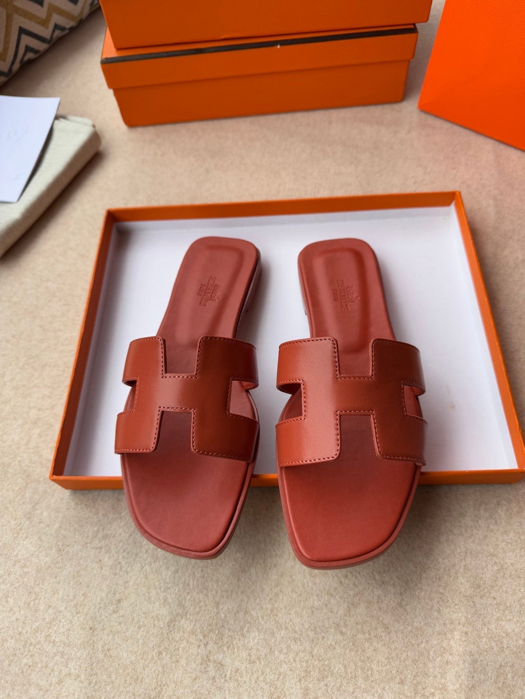 HERMES 0RAN SANDALS IN GINGER ORANGE CALFSKIN