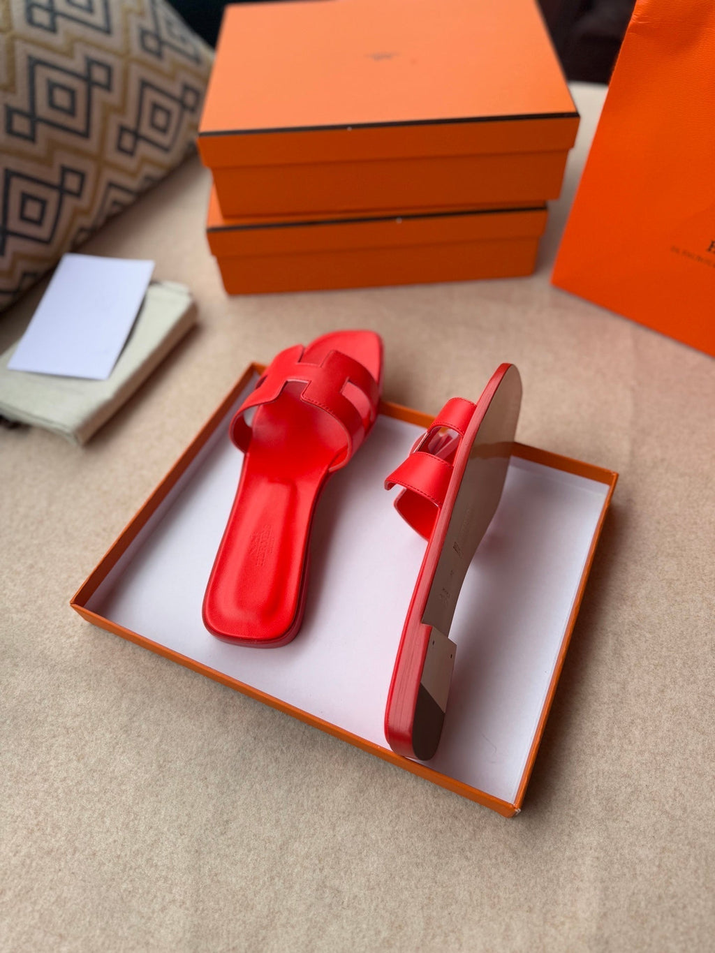 HERMES 0RAN SANDALS IN CHERRY RED CALFSKIN