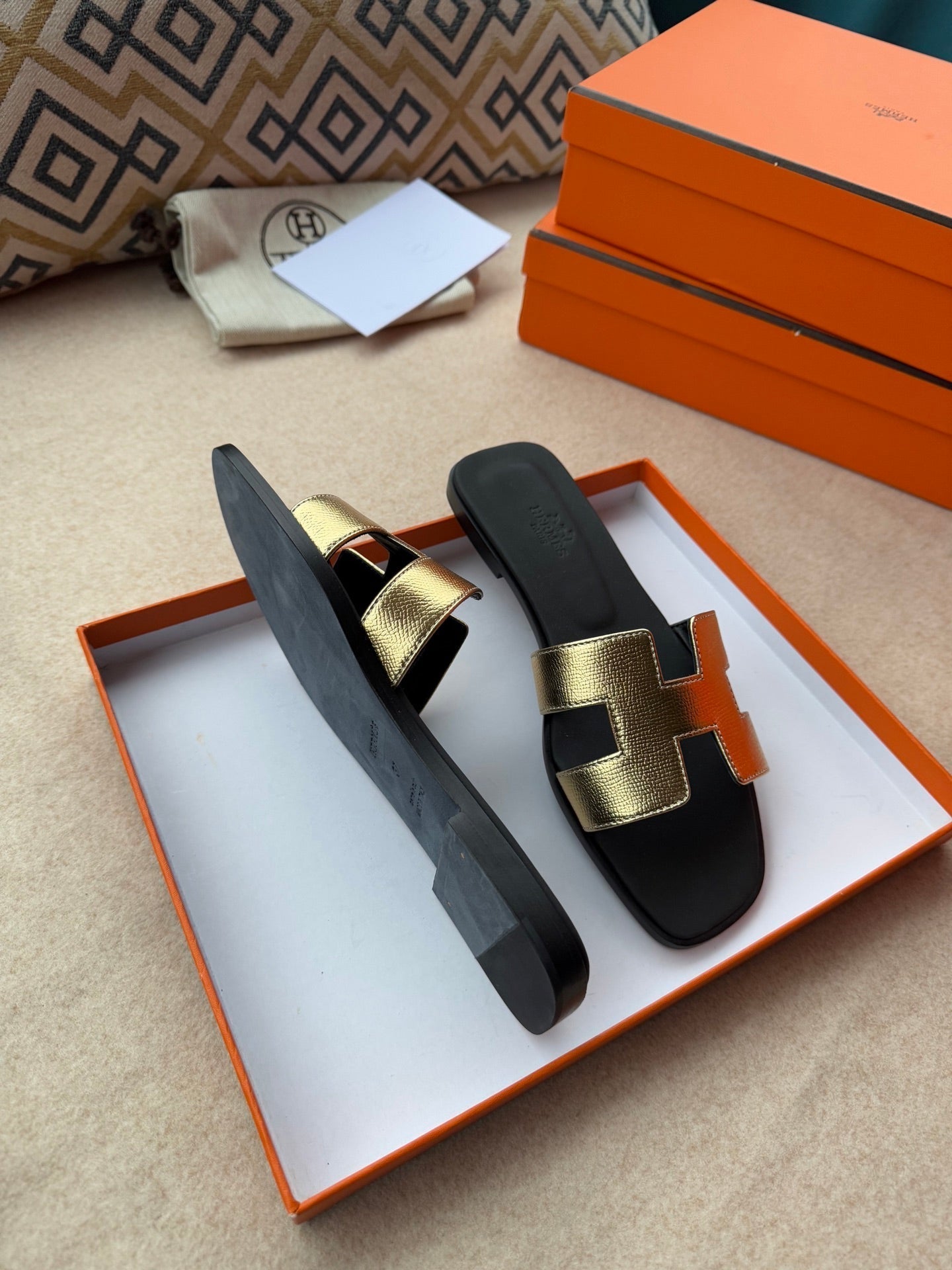 HERMES 0RAN SANDALS IN LIGHT GOLD CALFSKIN