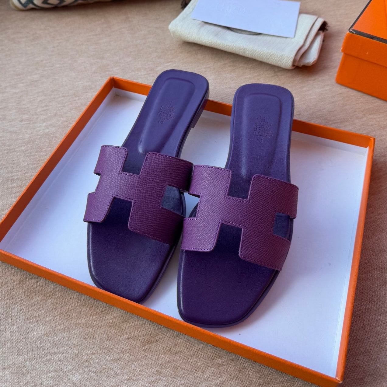 HERMES 0RAN SANDALS IN ROYAL PURPLE CALFSKIN