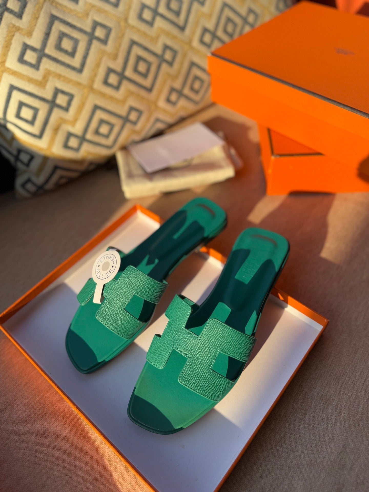 HERMES 0RAN SANDALS IN PERSIAN GREEN CALFSKIN
