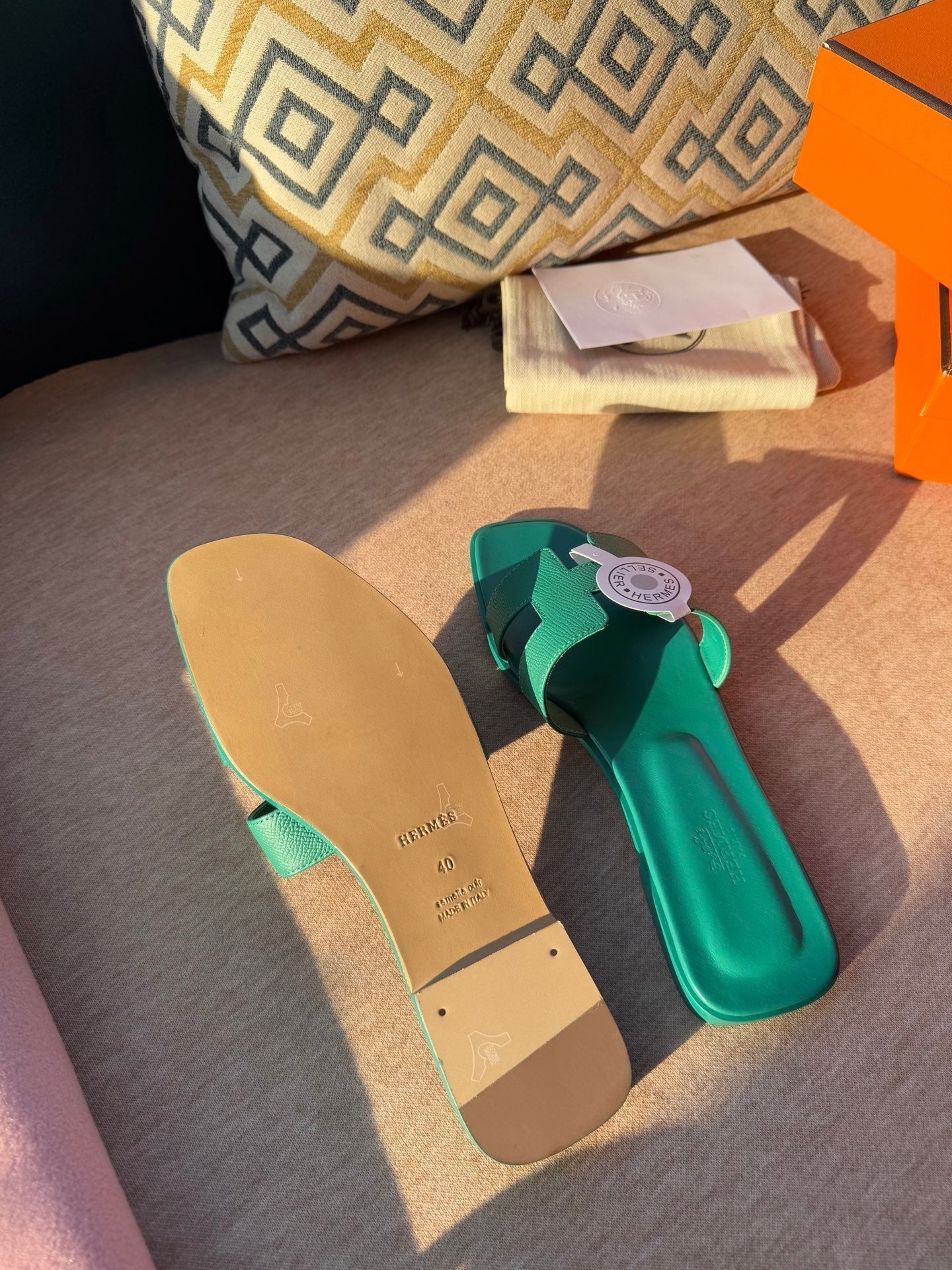 HERMES 0RAN SANDALS IN PERSIAN GREEN CALFSKIN