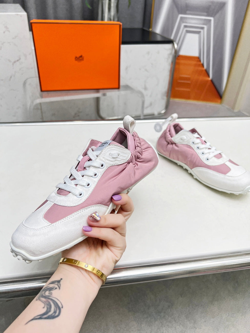 HERMES SKATEBOARD SHOES LIGHT PINK MIX WHITE SUEDE