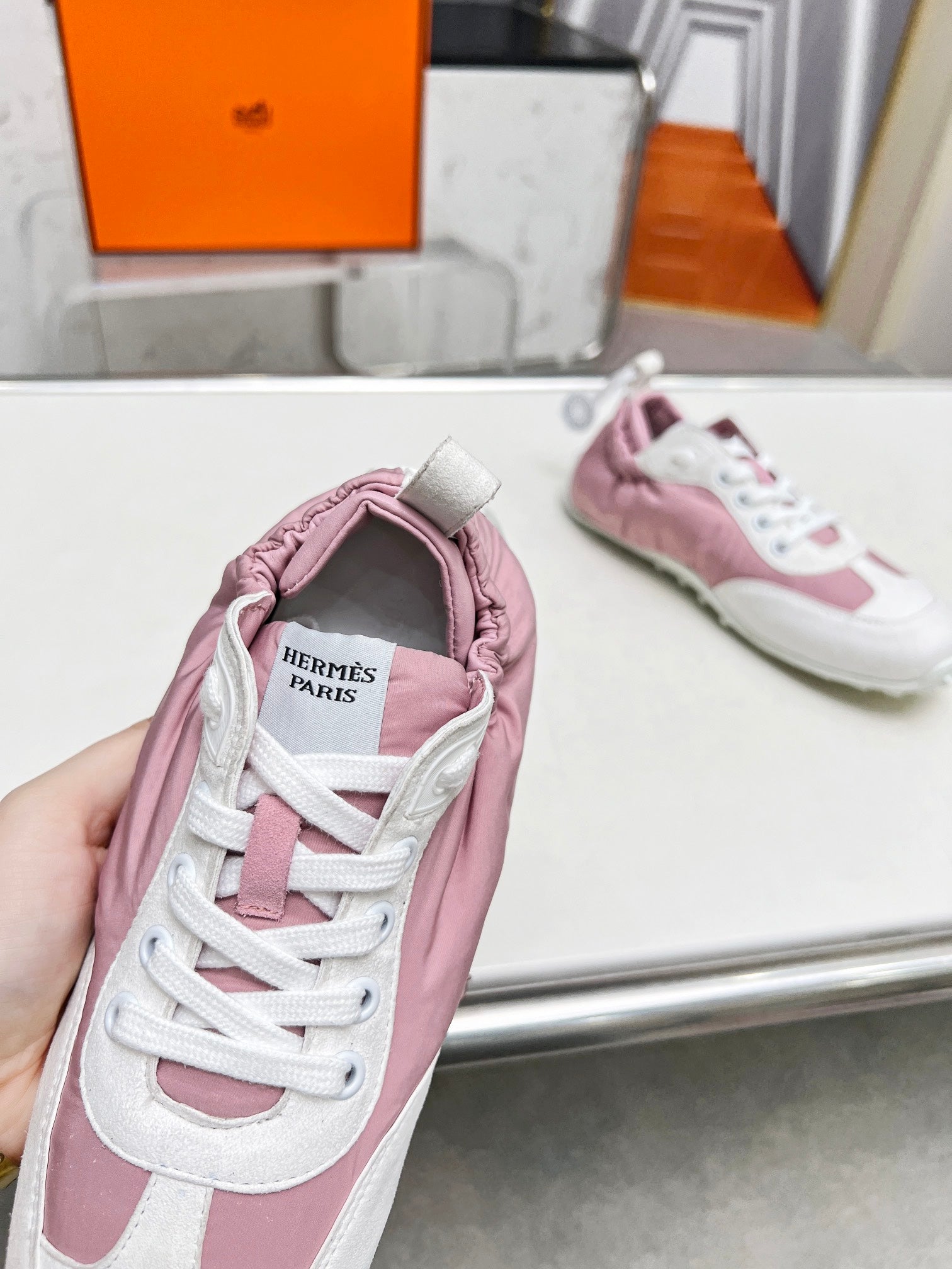 HERMES SKATEBOARD SHOES LIGHT PINK MIX WHITE SUEDE