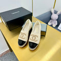 CHANEL ESPADRILLES PLATFORM 25S IN CREAM WHITE KNITTED WOOL AND BLACK LAMBSKIN