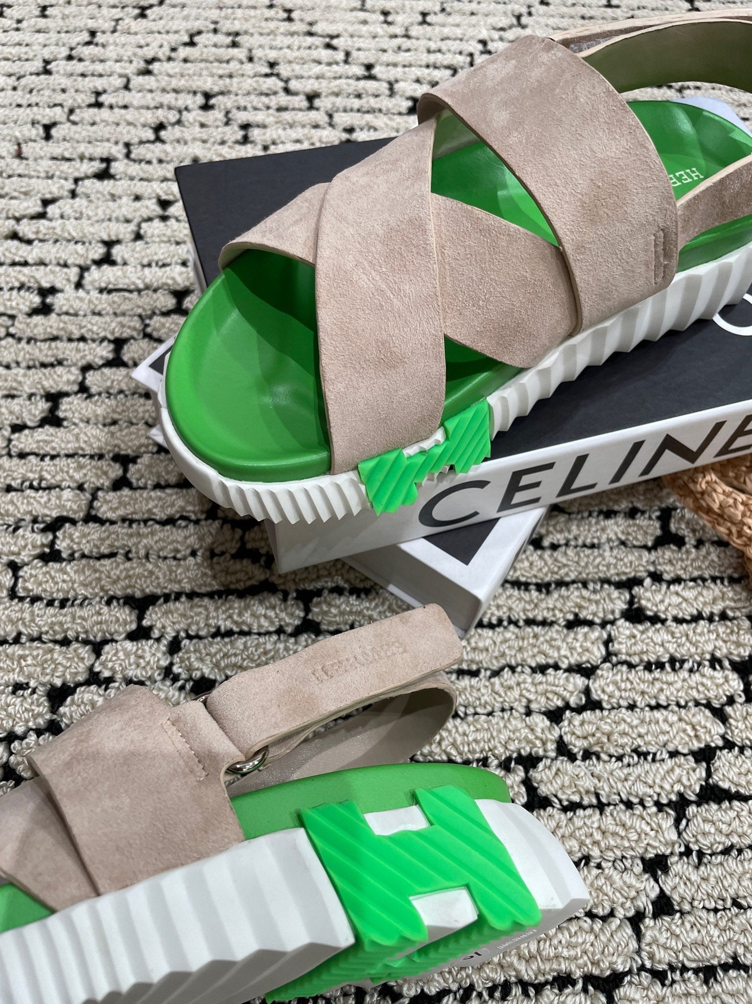 HERMES ELECTRIC SANDAL GREEN MIX LIGHT GRAY SUEDE