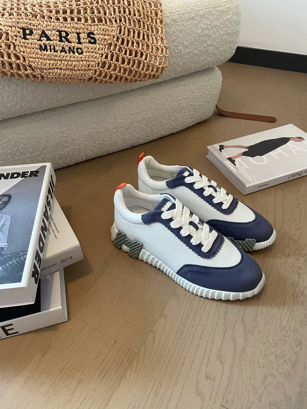 HERMES BOUNCING SNEAKERS LIGHT GRAY MIX NAVY CALFSKIN
