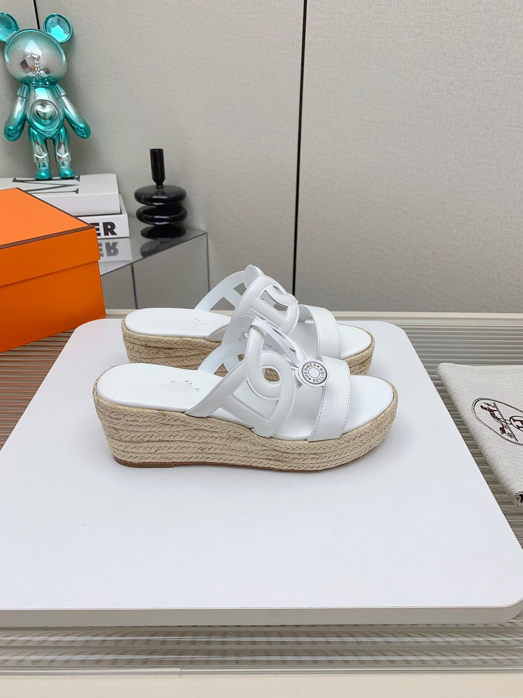 HERMES ITHEA 85 MM ESPADRILLE IN WHITE CALFSKIN