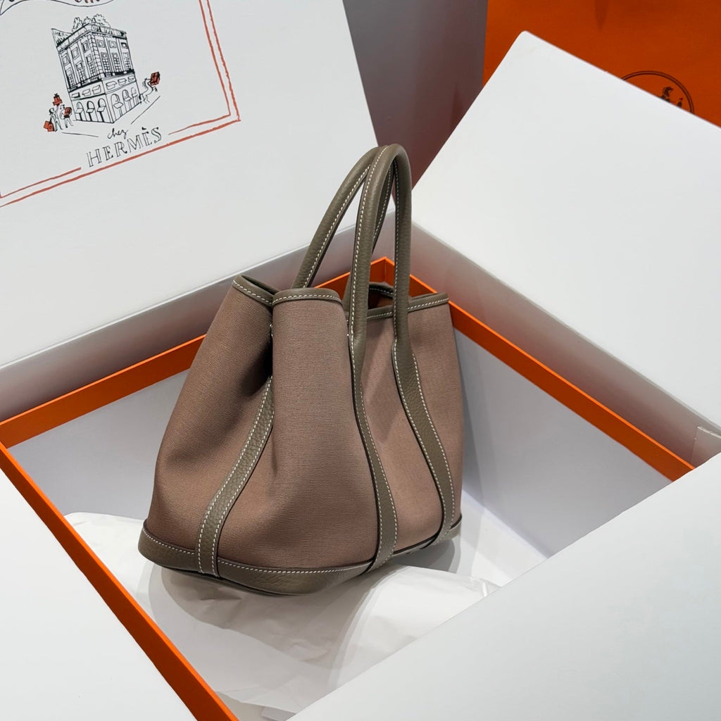 HERMES GARDEN PARTY 30CM IN BROWN TOILETS COTTON CANVAS AND TOGO ETOUPE CALFSKIN