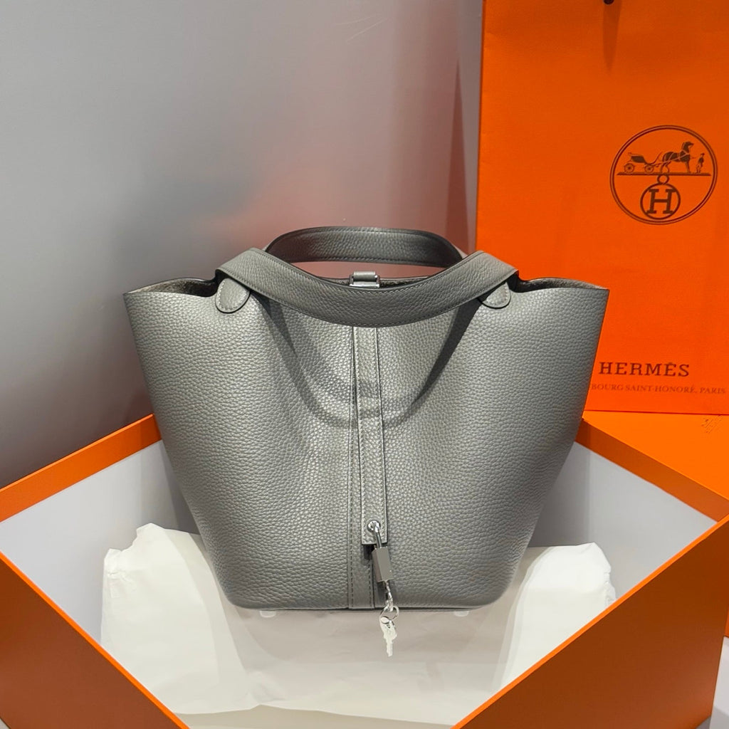 HERMES PICOTIN LOCK 22 IN GREY ETAIN CALFSKIN SILVER HARDWARE