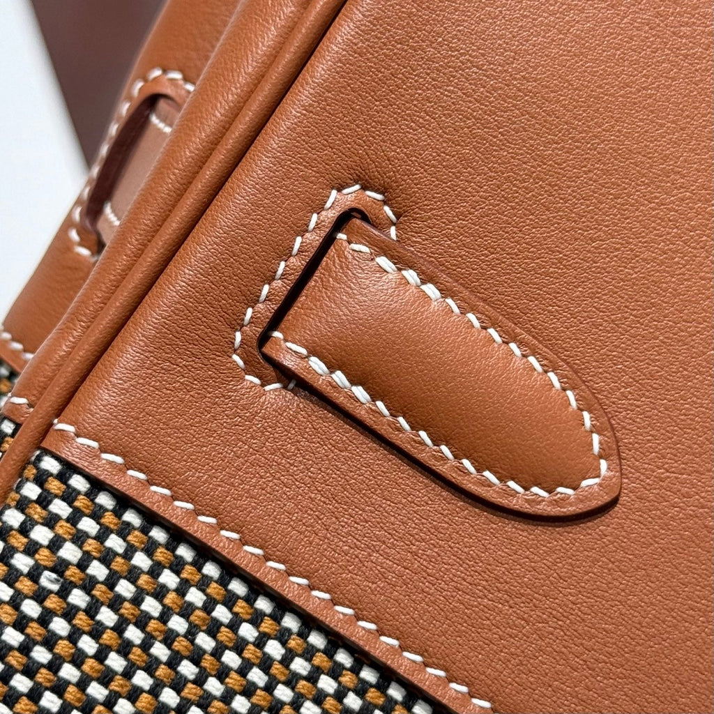 HERMES QUADRILLE BIRKIN 30CM IN GOLD SWIFT CALFSKIN AND BLACK/WHITE/BROWN TOILE CANVAS