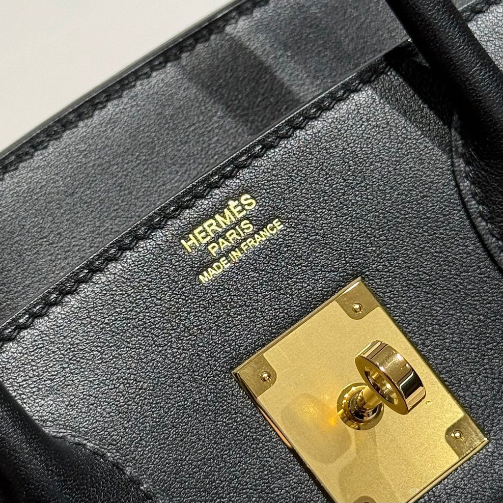 HERMES QUADRILLE BIRKIN 30CM IN BLACK SWIFT CALFSKIN WHITE BLACK PLAID TOILE CANVAS