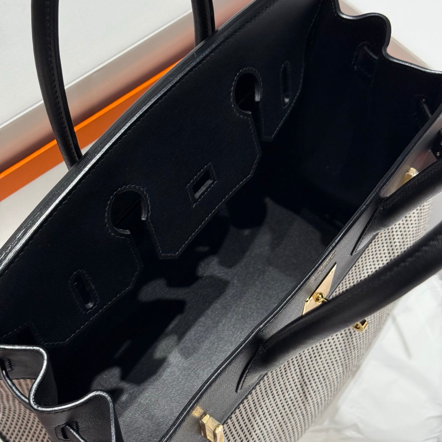 HERMES QUADRILLE BIRKIN 30CM IN BLACK SWIFT CALFSKIN WHITE BLACK PLAID TOILE CANVAS