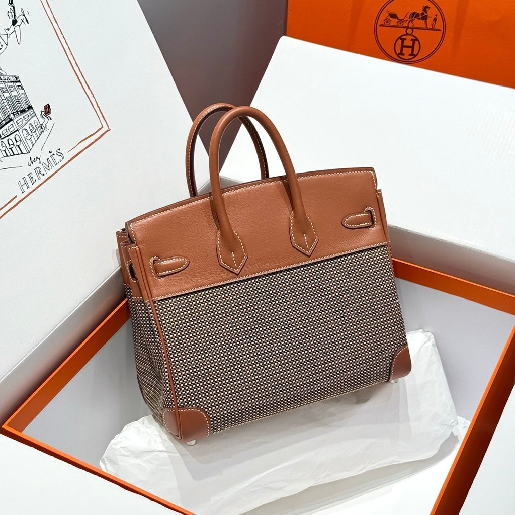 HERMES QUADRILLE BIRKIN 25CM IN GOLD SWIFT CALFSKIN AND BLACK/WHITE/BROWN TOILE CANVAS