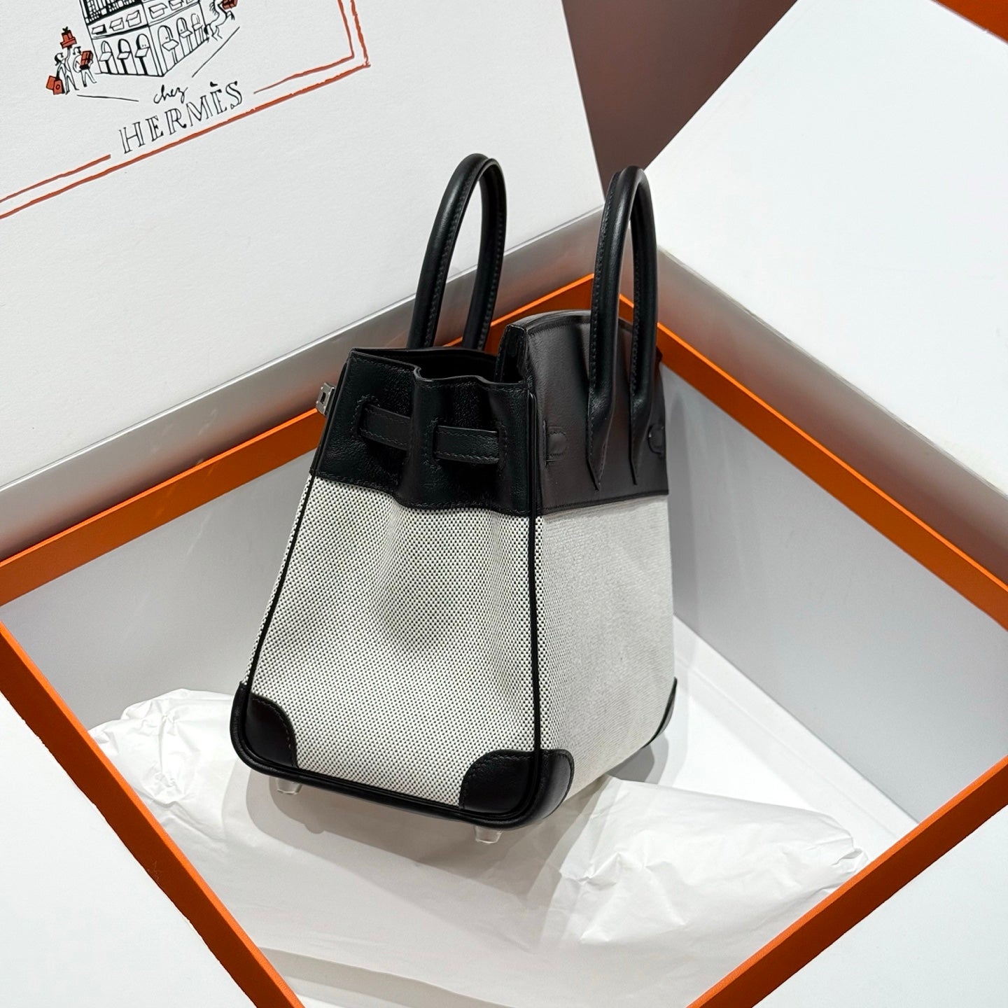 HERMES QUADRILLE BIRKIN 25CM IN BLACK SWIFT CALFSKIN WHITE TOILE CANVAS