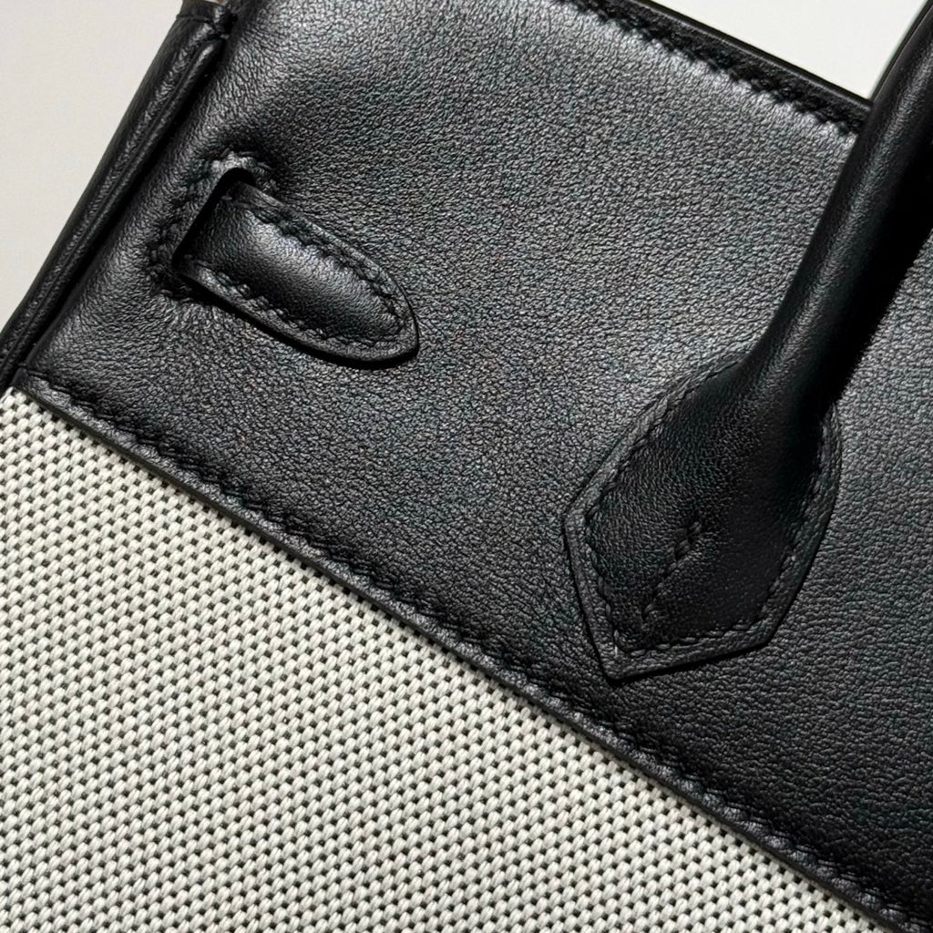 HERMES QUADRILLE BIRKIN 25CM IN BLACK SWIFT CALFSKIN WHITE TOILE CANVAS