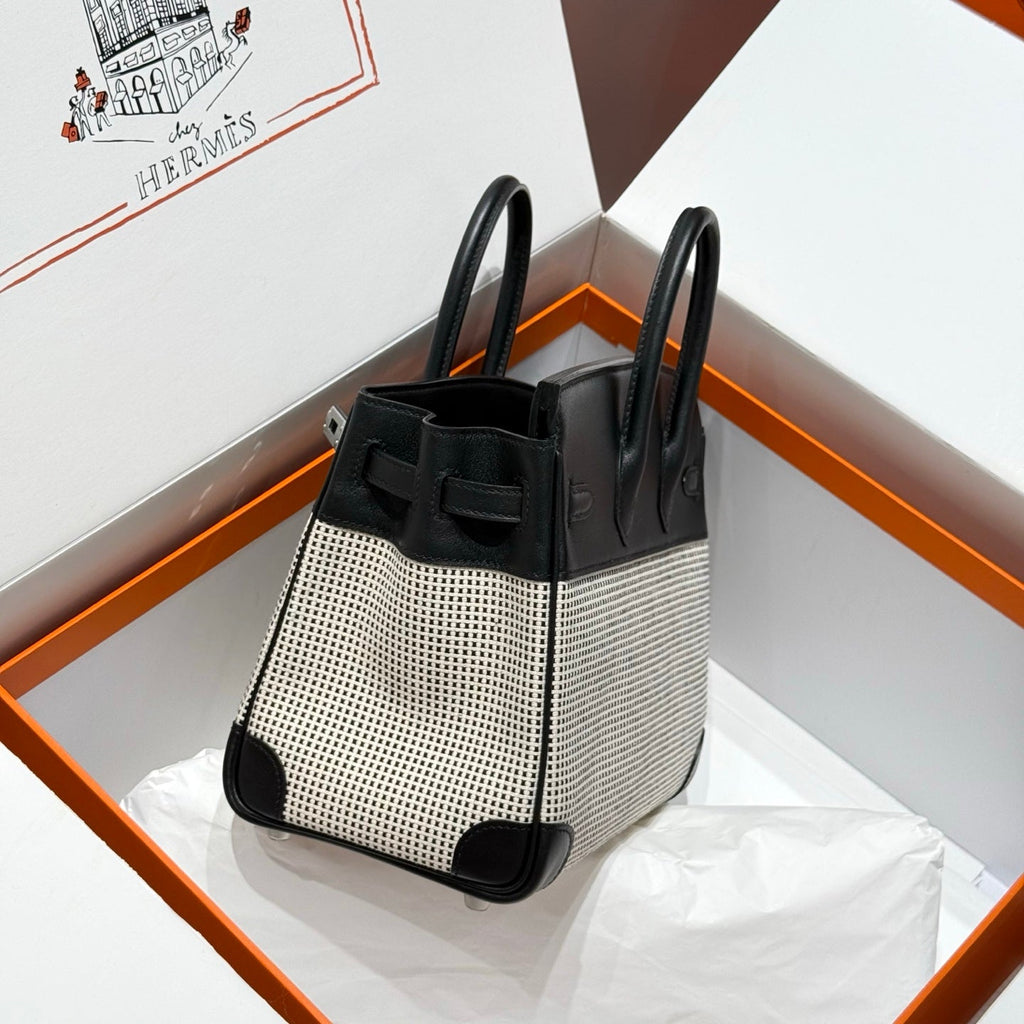HERMES QUADRILLE BIRKIN 25CM IN BLACK SWIFT CALFSKIN WHITE BLACK PLAID TOILE CANVAS