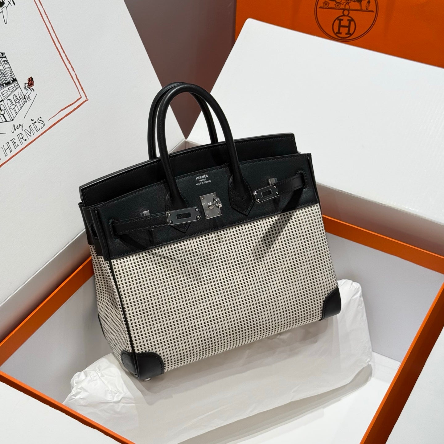 HERMES QUADRILLE BIRKIN 25CM IN BLACK SWIFT CALFSKIN WHITE BLACK PLAID TOILE CANVAS