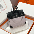 HERMES QUADRILLE BIRKIN 25CM IN BLACK SWIFT CALFSKIN WHITE BLUE PINK PLAID TOILE CANVAS