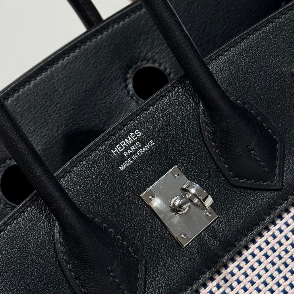 HERMES QUADRILLE BIRKIN 25CM IN BLACK SWIFT CALFSKIN WHITE BLUE PINK PLAID TOILE CANVAS