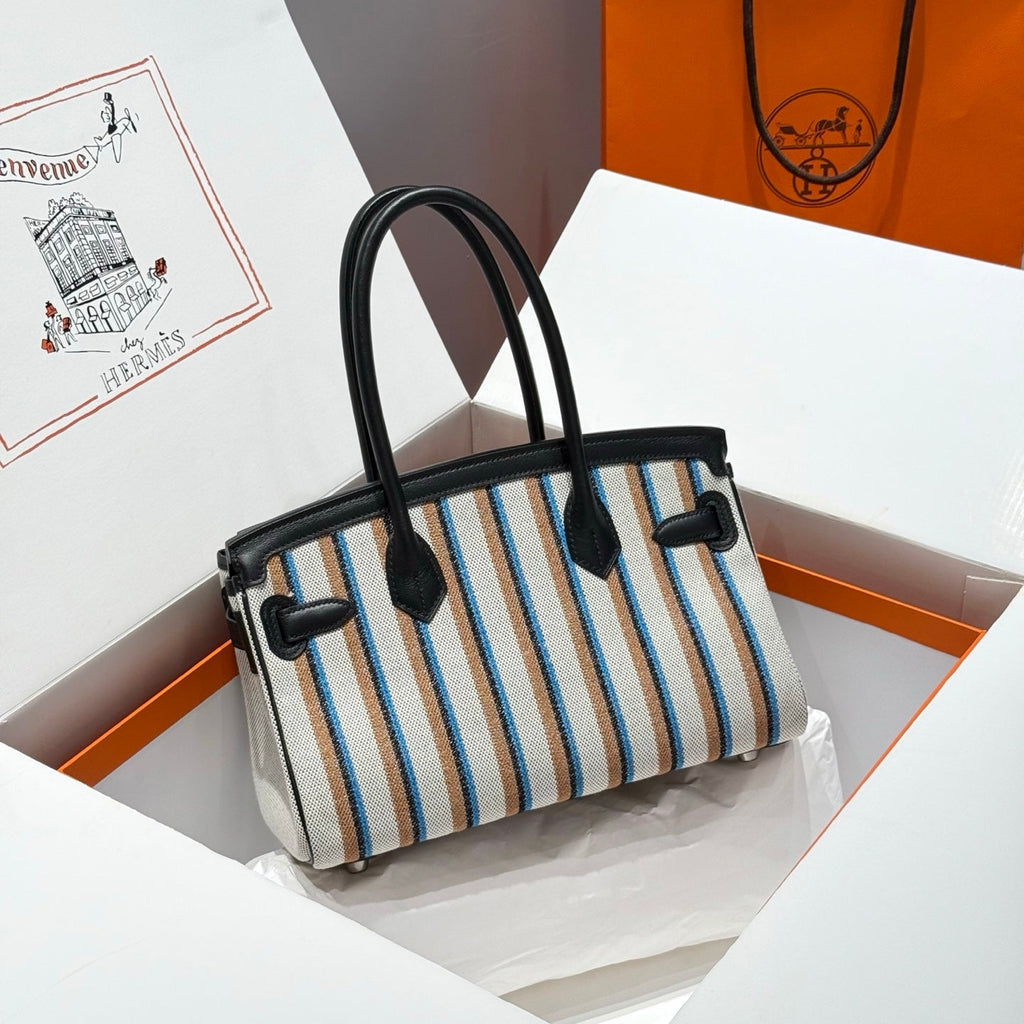 HERMES BIRKIN SHOULDER 29 IN BLACK CALFSKIN ÉCRU/NOIR/FAUVE/NOIR/BLEU ZANZIBAR EMBROIDERY CANVAS