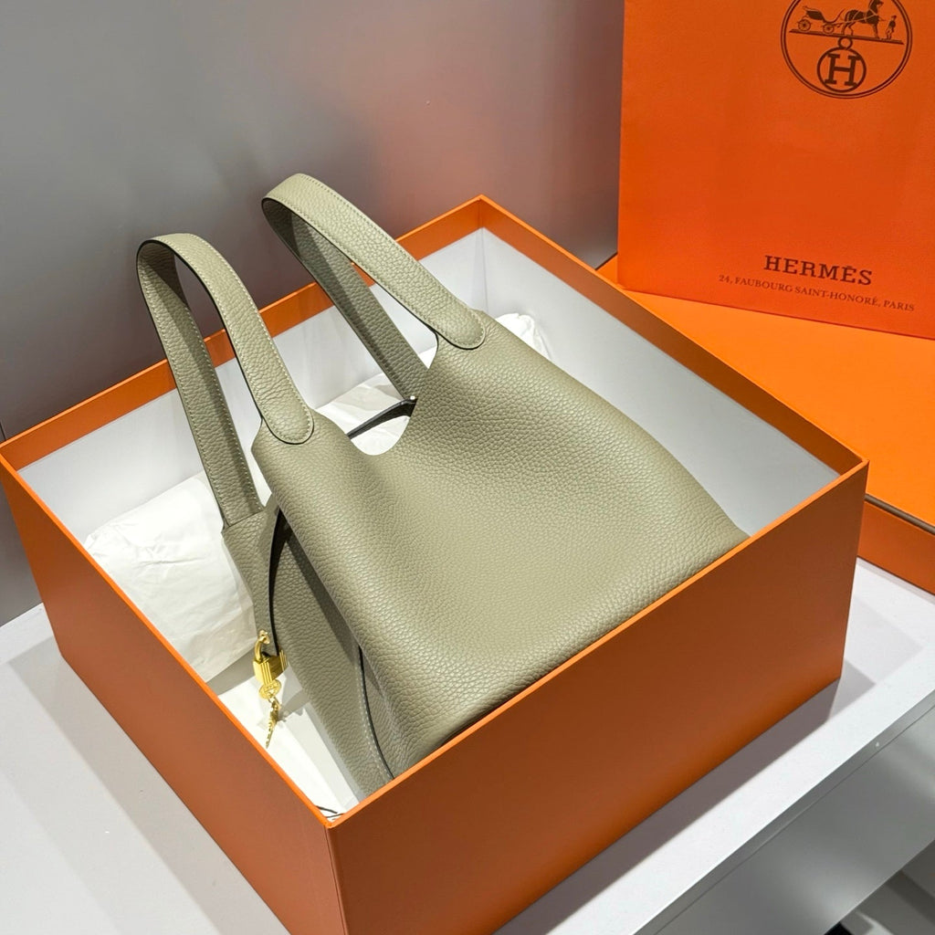 HERMES 25S PICOTIN LOCK 22 IN CROMWELL GRAY CALFSKIN GOLD HARDWARE