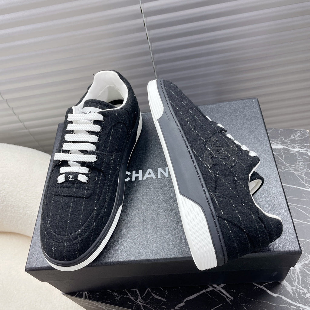 CHANEL TRAINER SHOES IN BLACK WOOL FABRIC