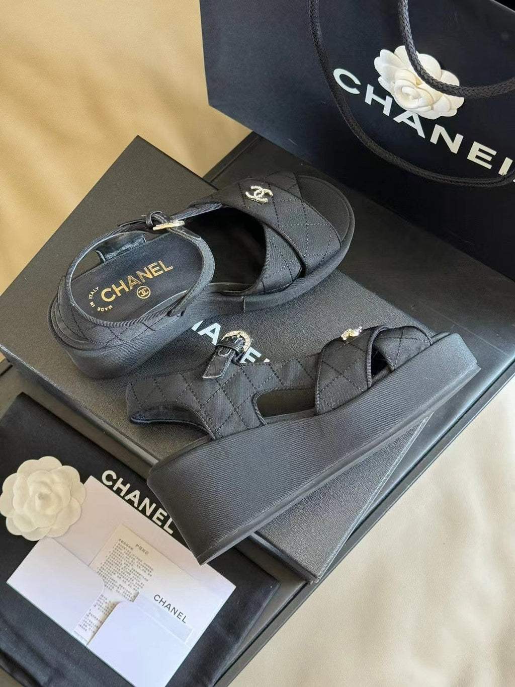 CHANEL CLASSIC WEDGE SANDALS IN BLACK FABRIC