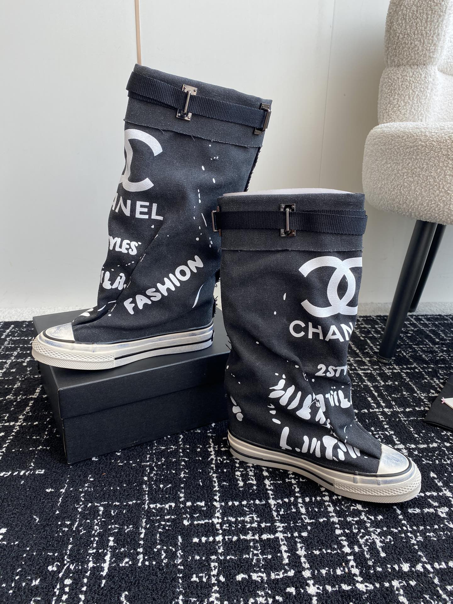 CHANEL HIGH BOOTS IN BLACK CANVAS