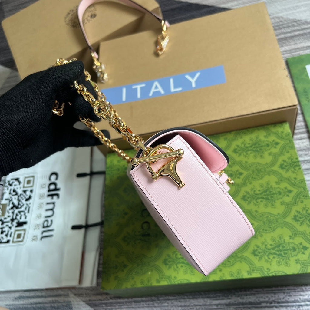GUCCI DIAMOND HORSEBIT SHOULDER BAG 24 IN LIGHT PINK CALFSKIN GOLD HARDWARE